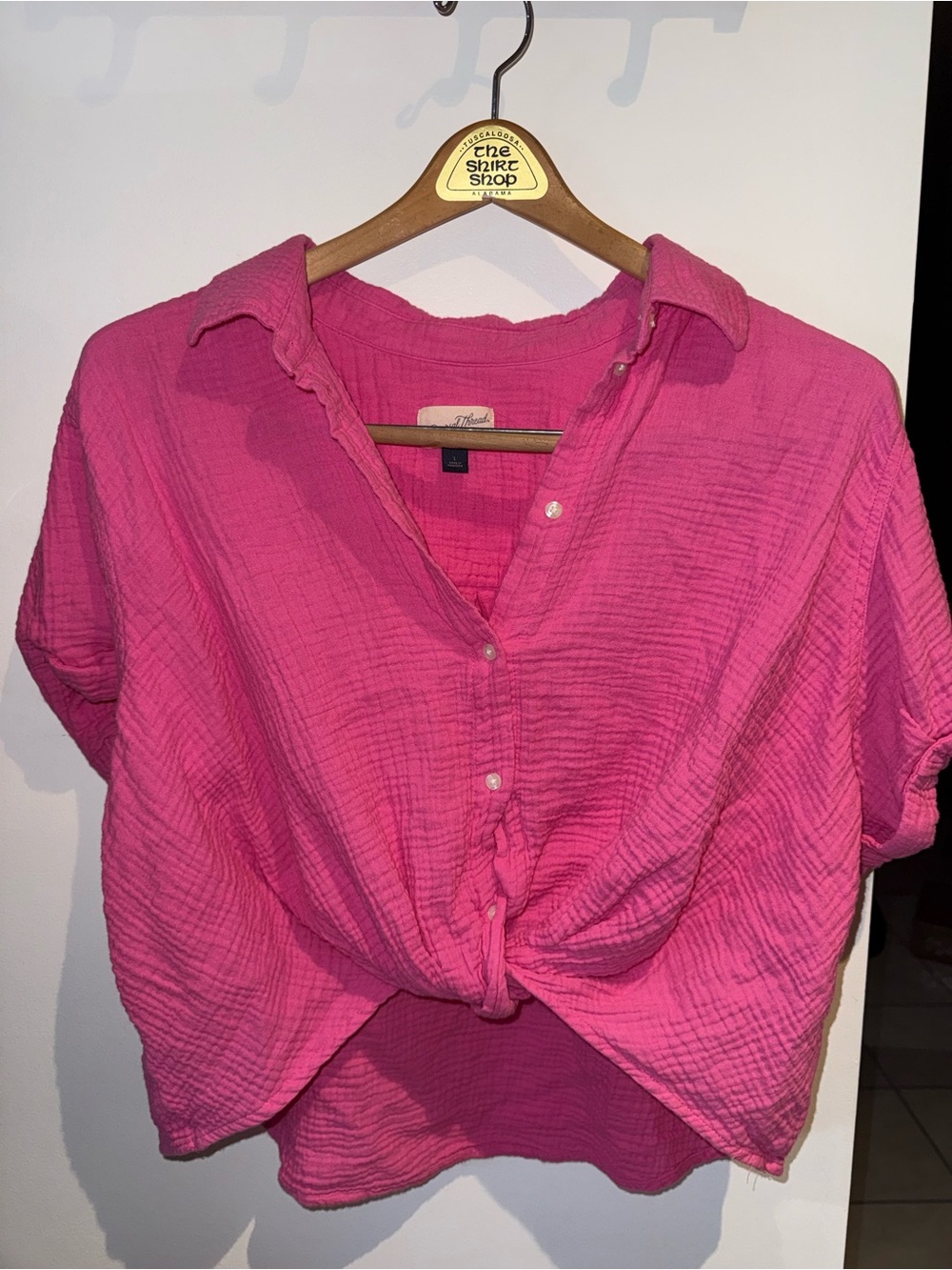 Universal Thread Pink Button-Front Tie Hem Gauze Shirt